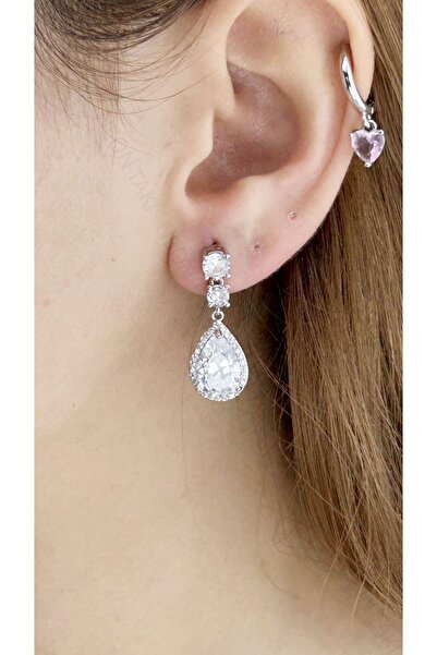 Neon Takı by Atalay Sensitivity Tag and Zircon Stone, Drop Model Evening Steel Earrings 625, Silver Color