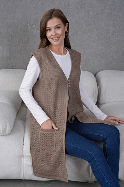 Lamierra Knitwear Openwork Mercerized Large Size Long Vest