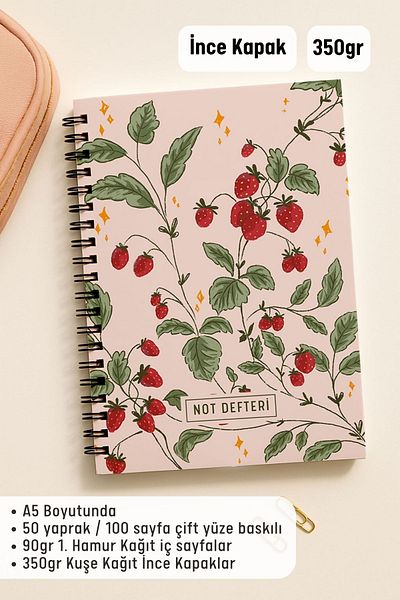 Eldesen Tasarım A5 Spiral Line School Notebook, 50 Sheets 100 Pages, Cardboard Cover Notepad, Pink Strawberry