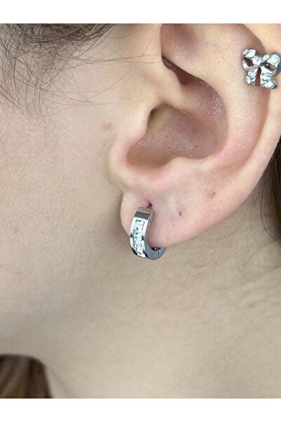 Neon Takı by Atalay Earrings, Zircon Stone, Non-Tarnish Stainless Steel, Hoop Model, Silver Color, Model499