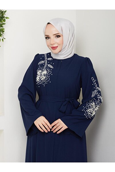 ESLEMNUR Gündelik Papatya Desenli Beyaz Inci Taşlı Ferace