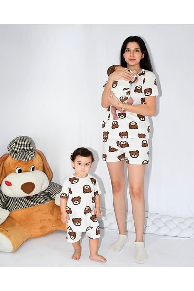 Drop Kids Mother Child Combination Pajama Set Brown Teddy Bear Pattern Short Shorts (Sold Individually)