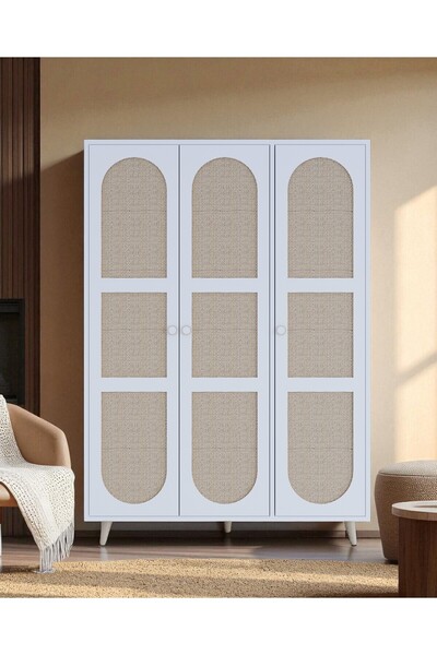 FLORADESİGN Bali Bohem 3 Kapaklı Gardırop – Jüt Kumaş MDF Kapaklı Elbise Dola...