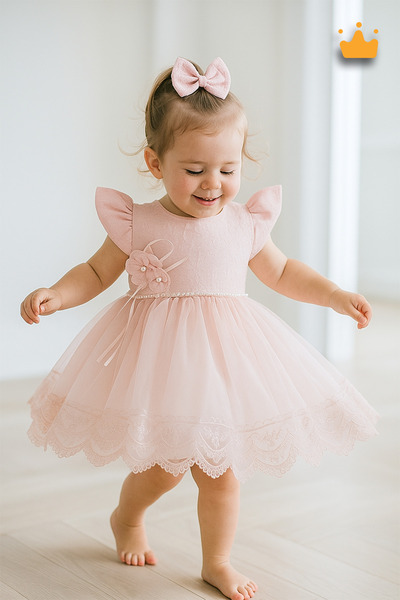 MİNİMONY 0-24 Ay Gofre Tül Etekli Kız Bebek Çocuk Abiye Bayramlık Elbise Saç ...