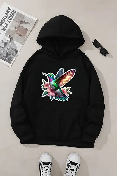 VBSVİBES Unisex Black Hooded Sweatshirt – Bird Printed, Thick Fabric with Hood