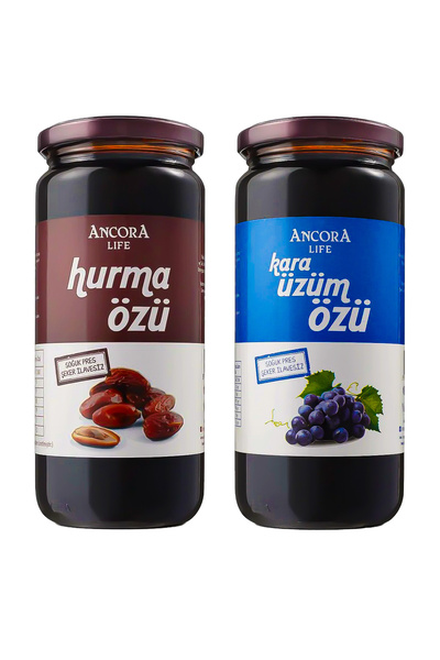 ANCORA LİFE 2'li Avantaj Paketi - Hurma Özü, Kara Üzüm Özü - Şeker Ilavesiz Soğuk Sıkım 640 G X 2 Adet