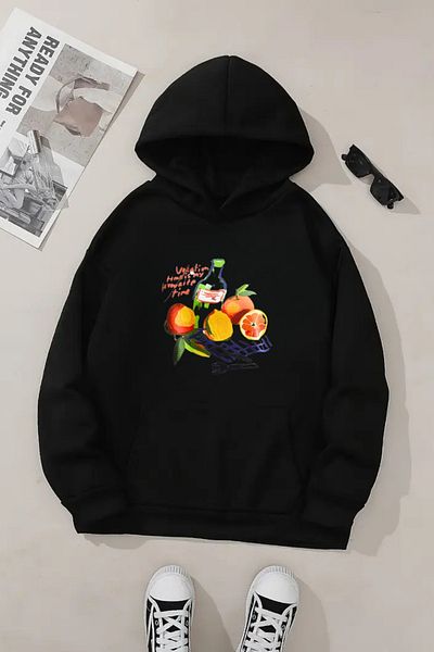 VBSVİBES Unisex Black Hooded Sweatshirt – Vacation Printed, Thick Fabric with Hood