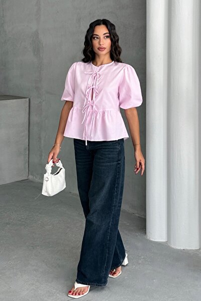 MD trend Γυναικεία ριγέ μισό μανίκι δεμένη μπλούζα