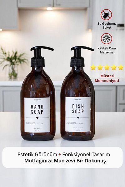 homence Σετ 2 υγρό σαπούνι απορρυπαντικό πιάτων Σετ κεχριμπαρένιο γυάλινο μπουκάλι με ετικέτα Λευκό δοσομετρητή σαπουνιού 500ml