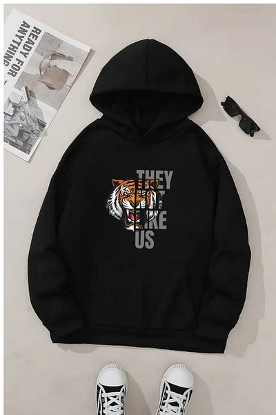 VBSVİBES Unisex Black Hooded Sweatshirt – Tiger Printed, Thick Fabric with Hood