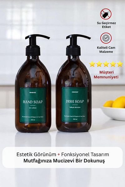 homence Set of 2 Liquid Soap Dishwashing Liquid Amber Glass Bottle with Label Green Soap Dispenser 500ml