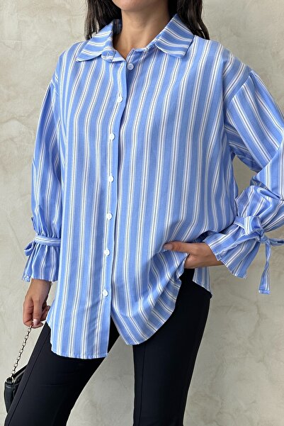 MD trend Γυναικείο πουκάμισο με ριγέ μανίκι με κορδόνια