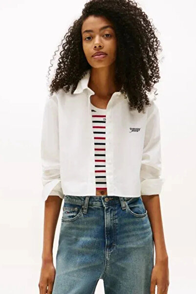 Tommy Jeans Women's Striped Short Poplin White Shirt Dw0Dw21400Ybl