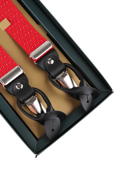 Kravatkolik Red Leather Connected Button Hole Jacquard Trouser Strap PAN148