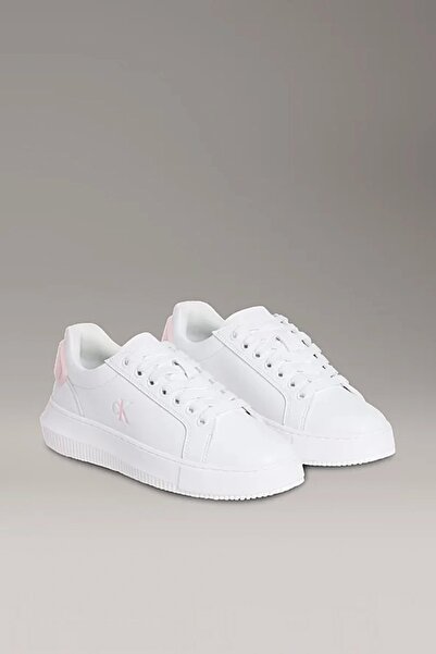 Calvin Klein Kadın Kontrast Desenli CK Logolu Deri Beyaz-Pembe Sneaker YW0YW01846-0LD