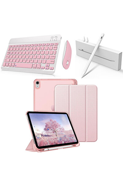 Covpor Apple iPad 11. NESİL A16 ve 10.NESİL 10.9 Uyumlu Flip Kılıf Rose + Bluetoothlu Klavye Mouse + Kalem