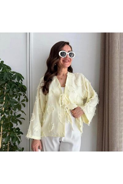 Velista Women's Front Tie Self Embroidery Tassel Casual Kimono