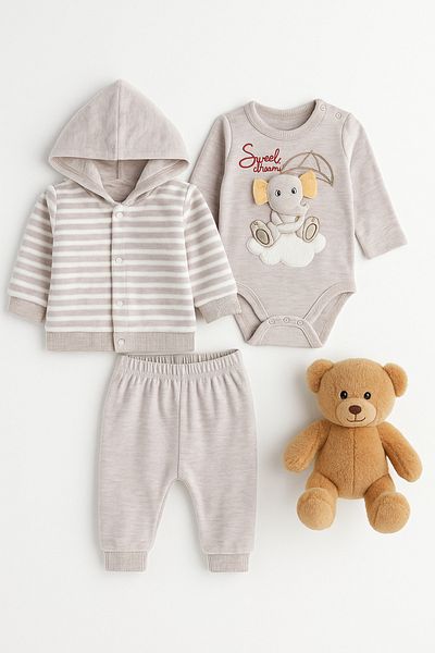 İZYALİF BABY Baby Boy 3-Piece Winter Cardigan Velvet Suit Cotton Elephant Printed