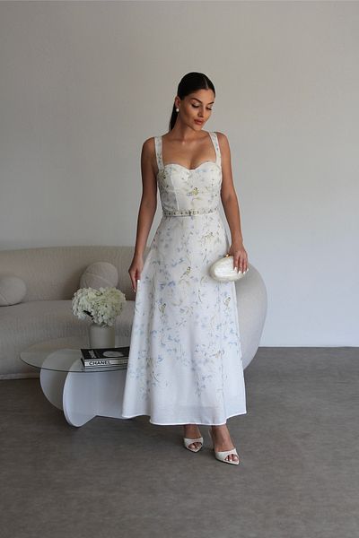 Julidress Strapless Neckline Patterned Metal Gold Belt Midi Length Premium Design Linen Dress with Strap