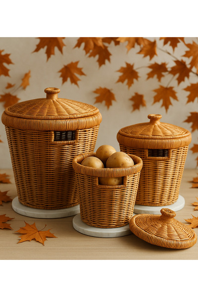 MİS KİTCHEN Patates Soğan, Sarımsak Sepeti 3‘ Lü Rattan Sepet - Mutafak Düzen...