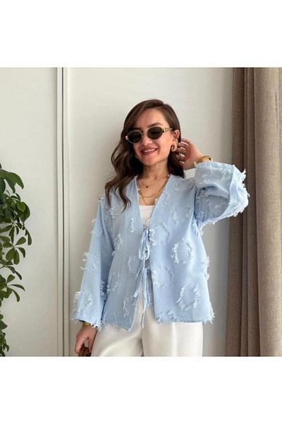 Velista Women's Front Tie Self Embroidery Tassel Casual Kimono