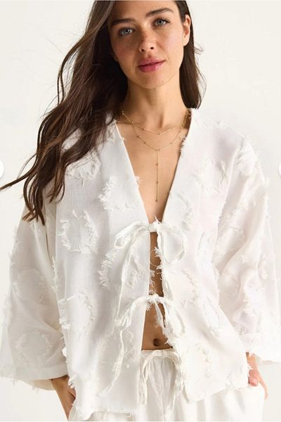 Velista Women's Front Tie Self Embroidery Tassel Casual Kimono