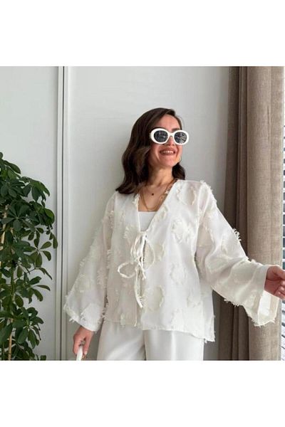 Velista Women's Front Tie Self Embroidery Tassel Casual Kimono