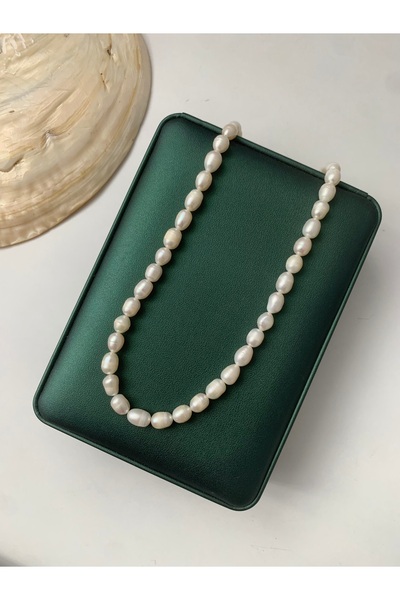 JOVİ ATELİER Sertifikalı Gerçek Doğal Beyaz Büyük Arpa Inci Kadın Kolye Çelik...