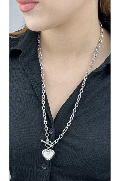 Neon Takı by Atalay قلادة، من الفولاذ المقاوم للصدأ غير القابل للتشوه، مفصلة بقلب لؤلؤي، لون فضي، موديل 237