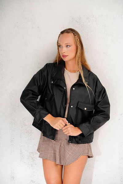 İLKCET MODA Γυναικείο μπουφάν με φερμουάρ Oversize μαύρο από συνθετικό δέρμα