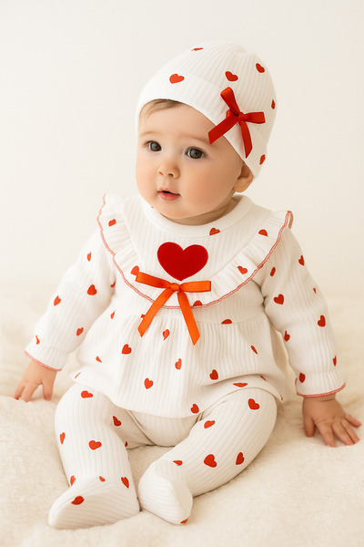 caliskanonline 5 Piece Baby Girl Hospital Release Set with Heart and Bow Detail