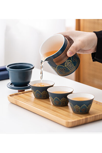 oludeniz Luxury Portable Tea Set Gift Box – Ceramic Teapot & 3 Cups with Leather Case + Notebook & Pen –