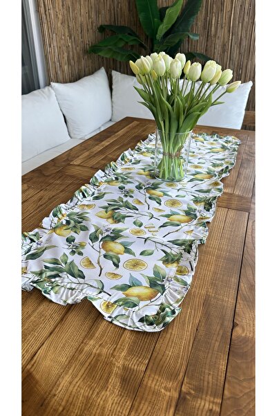 Decamor home Πράσινος και λευκός δρομέας με λεμόνι με μοτίβο με πλήρη βολάν