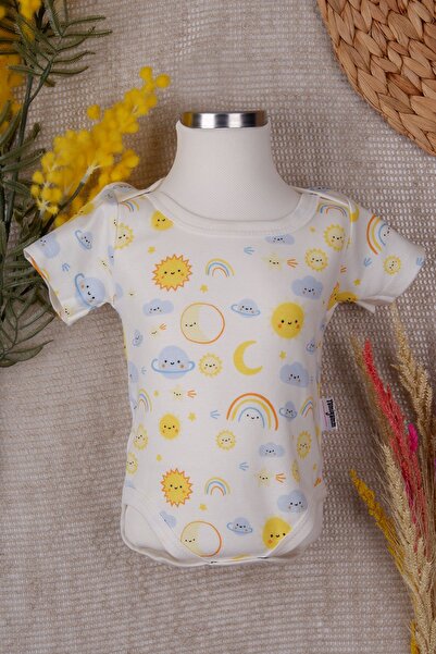 LilJoy Sun Moon and Star Patterned Unisex Summer Sleeved Baby Bodysuit 100% Cotton Soft Fabric Cream
