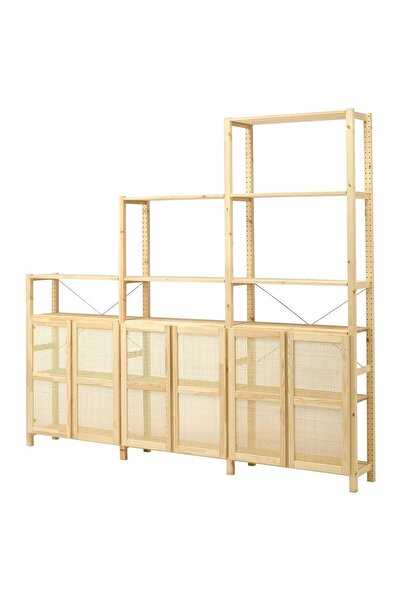 IKEA kapaklı raf ünitesi, çam kahverengi, 259x30x226 cm bambu kapaklı