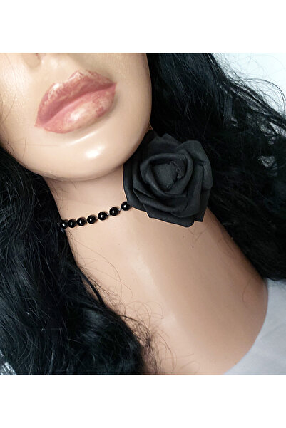 HA&NA Siyah Çiçekli Incili Choker Kolye Ve Bileklik Seti