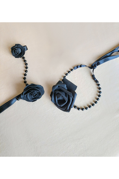 HA&NA Siyah Çiçekli Incili Choker Kolye Ve Bileklik Seti