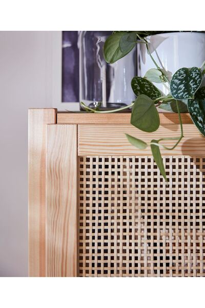 IKEA kapaklı raf ünitesi, çam kahverengi, 259x30x226 cm bambu kapaklı