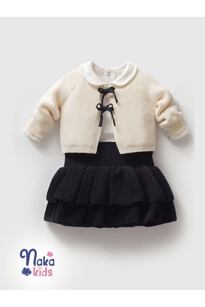 Naka Concept Baby Girl 3-Piece Knitwear Set – Stylish Jacket, Bodysuit and Ruffle Skirt