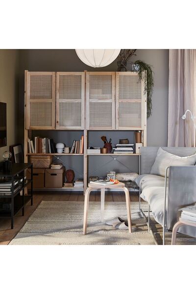 IKEA kapaklı raf ünitesi, çam, 174x30x179 cm bambu kapaklı