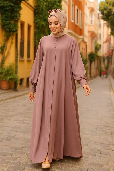 Neva Style Buttoned Dusty Rose Hijab Dress 520066 Gk