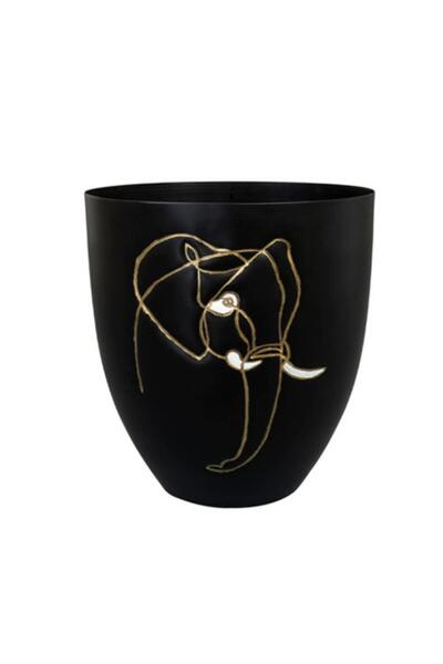 Genel Markalar Lea Fil Desenli Siyah Metal Saksı Çap 18cm Yükseklik 19cm