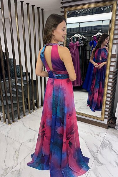 By Saygı Women's Draped Front Lined Beaded Detail Floral Long Chiffon Dress