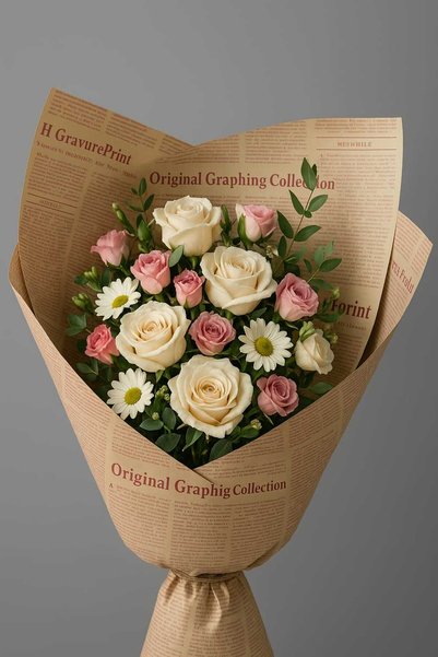 ÇINARASYADAHOME Yellow Red Written Bouquet Holder Flower Wrapping Paper Newspaper Printed Waterproof 58 X 58 cm Size 10 Pieces