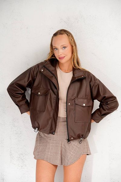 İLKCET MODA Oversize Pocket Bitter Brown Faux Leather Women's Zipper Jacket