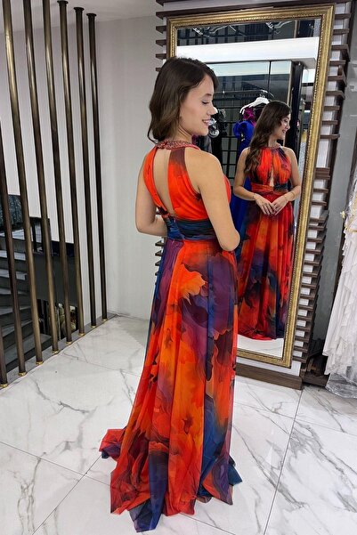 By Saygı Women's Draped Front Lined Beaded Detail Floral Long Chiffon Dress