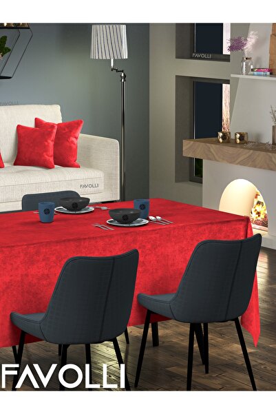 FAVOLLİ Kadife Dokulu Kırmızı Renk Masa Örtüsü