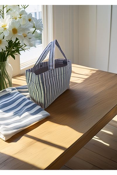 Old Cotton Blue and White Striped Canvas Tote Bag – Large Volume Daily Bag