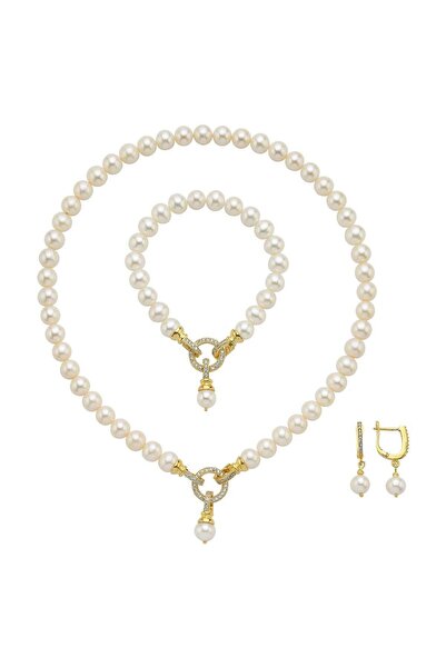 Birinci1926 925 Ayar Gümüş Halka Kilitli Doğal Inci Küpe Kolye Bileklik Üçlü Set