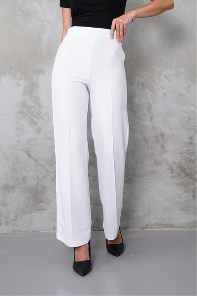 macharel jeans Yeni Sezon Kadın Likralı Beli Lastikli Bol Paça Palazzo Beyaz Pantolon